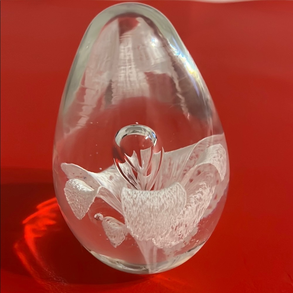 Hand Blown Art Glass Paperweight White Willowing Elegant Glass Art Sculpture 3”H